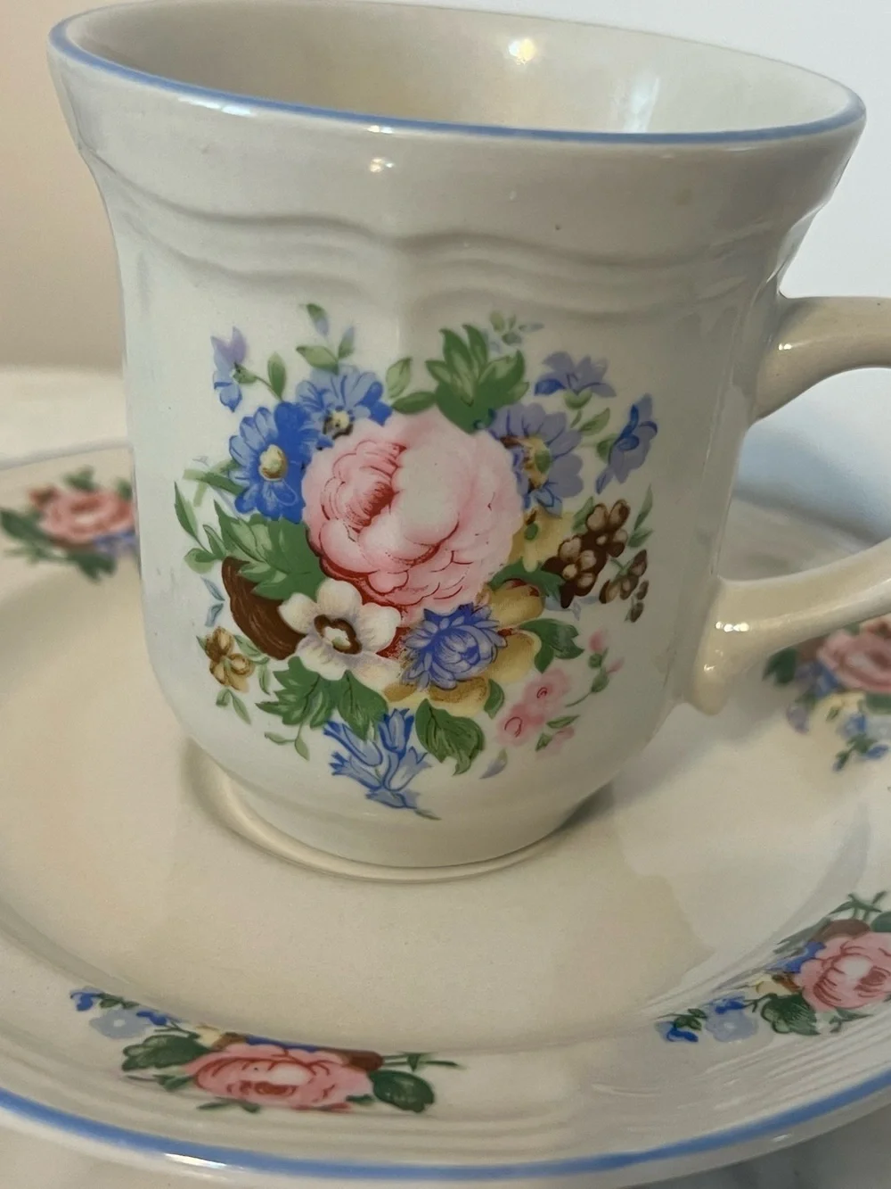 Tabletops Unlimited Victorian Rose Floral, Ceramic, Teacup/ Saucer Cottage Core